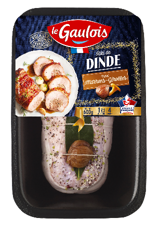 Packaging du rôti de dinde aux marrons et girolles Le Gaulois Visuel pack du rôti de dinde farci aux marrons et girolles Le Gaulois