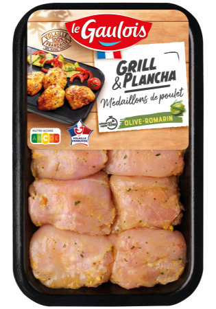 Packaging des Médaillons de poulet Olive & Romarin Le Gaulois Visuel pack des Médaillons de poulet Olive & Romarin Le Gaulois