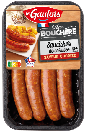 Packaging des Saucisses Façon Bouchère saveur Chorizo Le Gaulois Visuel pack des Saucisses Façon Bouchère saveur Chorizo Le Gaulois
