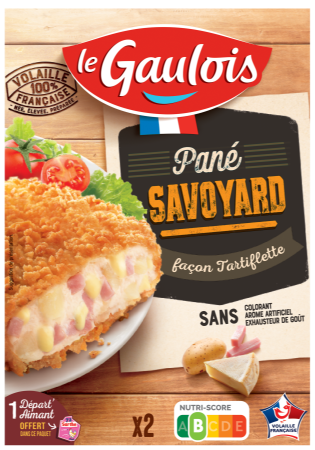 Packaging du pané savoyard Le Gaulois Visuel pack du pané savoyard façon tartiflette Le Gaulois