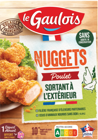 Visuel pack des nuggets de poulet sortant à l'extérieur Le Gaulois