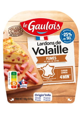 Packaging des lardons de volaille fumés Le Gaulois Visuel pack des lardons de volaille fumés au bois de hêtre Le Gaulois