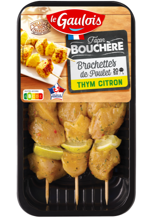 Visuel pack des brochettes façon bouchère de poulet thym-citron Le Gaulois