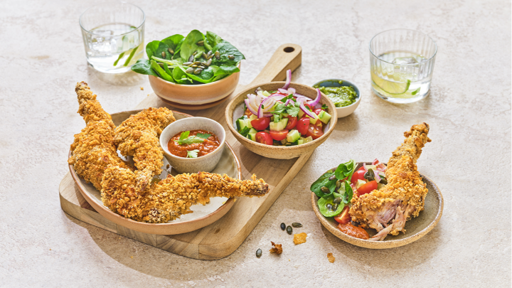 Visuel recette de gigolettes de lapin panées à la mexicaine et leurs légumes croquants