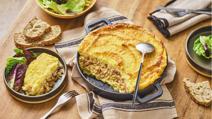 Visuel recette du hachis parmentier aux tendres cuisses de lapin, agrémenté de lardons