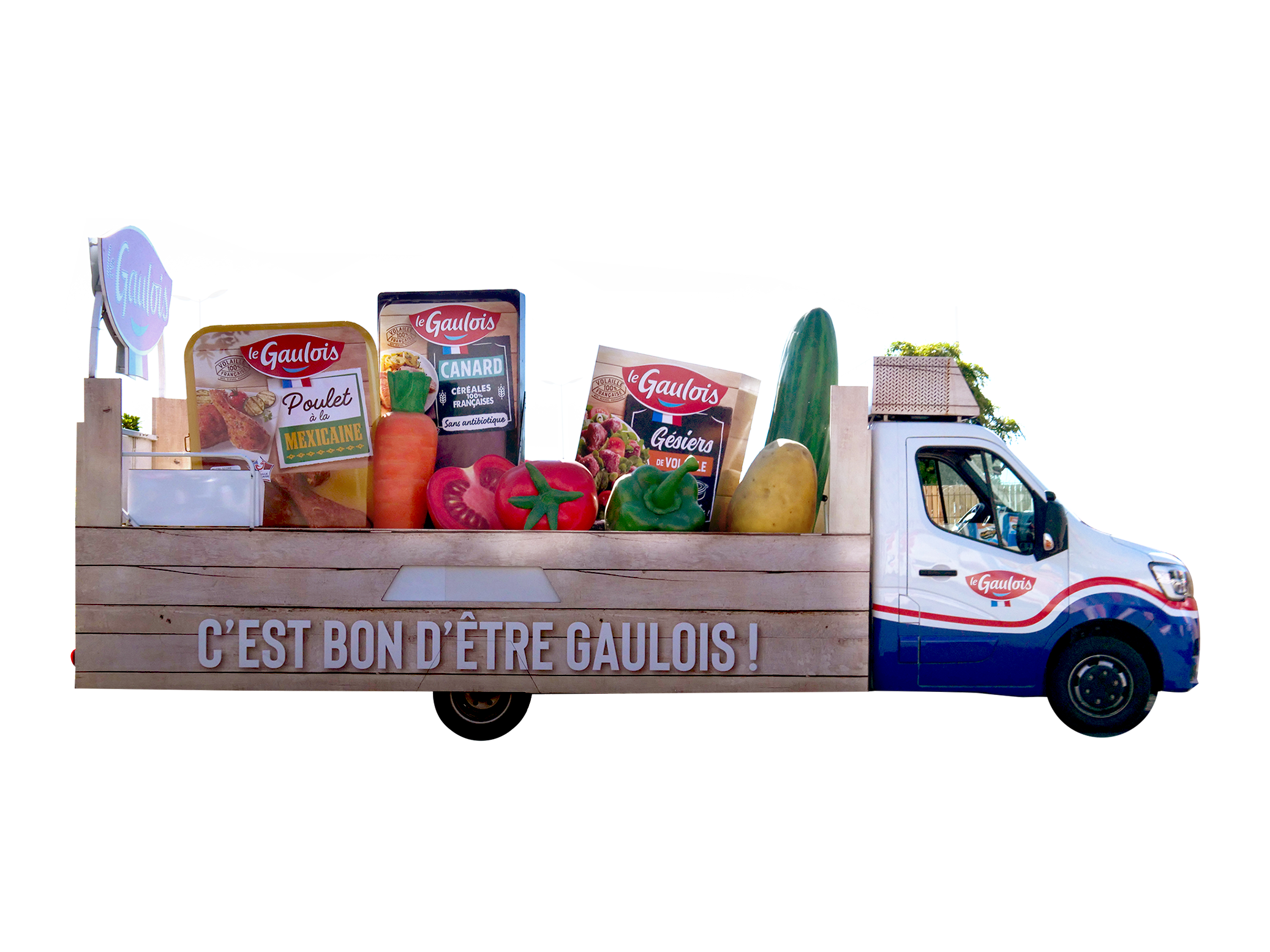 Char " La cocotte multiproduits" avec les packagings du poulet à la mexicaine, du filet de canard et des gésiers de volaille Le Gaulois